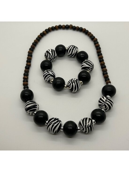 Estate Jewelry - Chunky Black White Zebra Print Wood Beads Stretch Necklace Bracelet Jewelry Set